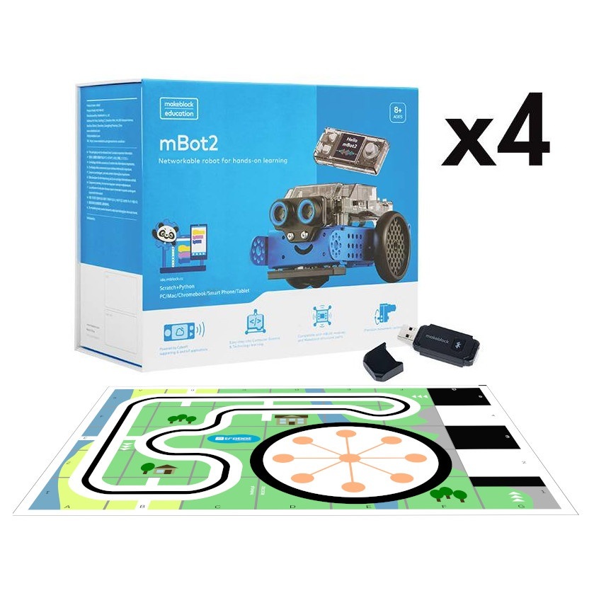 Zestaw Makeblock - 4x robot mBot2 + 4x BT Dongle + 1x ładowarka USB + 1x mata do ćwiczeń oraz scenariusze zadań - P1010132-Z4EDU