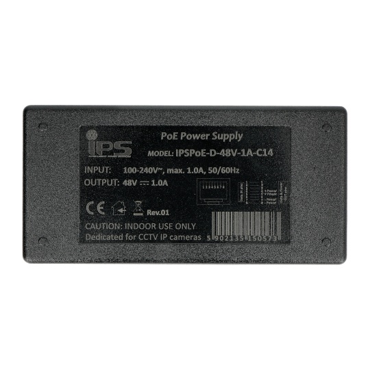 Настільний блок живлення PoE - RJ45 - з розеткою IEC C14 - 48 В / 1 А / 48 Вт - чорний - IPS