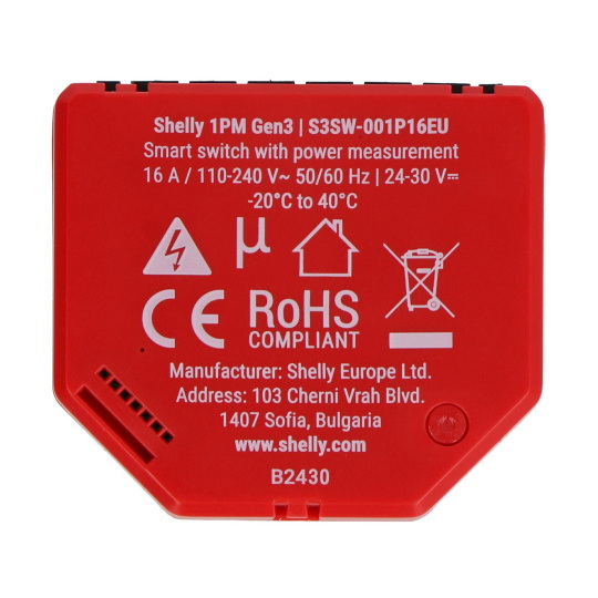 Shelly 1PM Gen3 - 1 реле AC 110-240V, DC 24-30V, WiFi/Bluetooth 16A - вимірювання енергії - додаток для Android/iOS