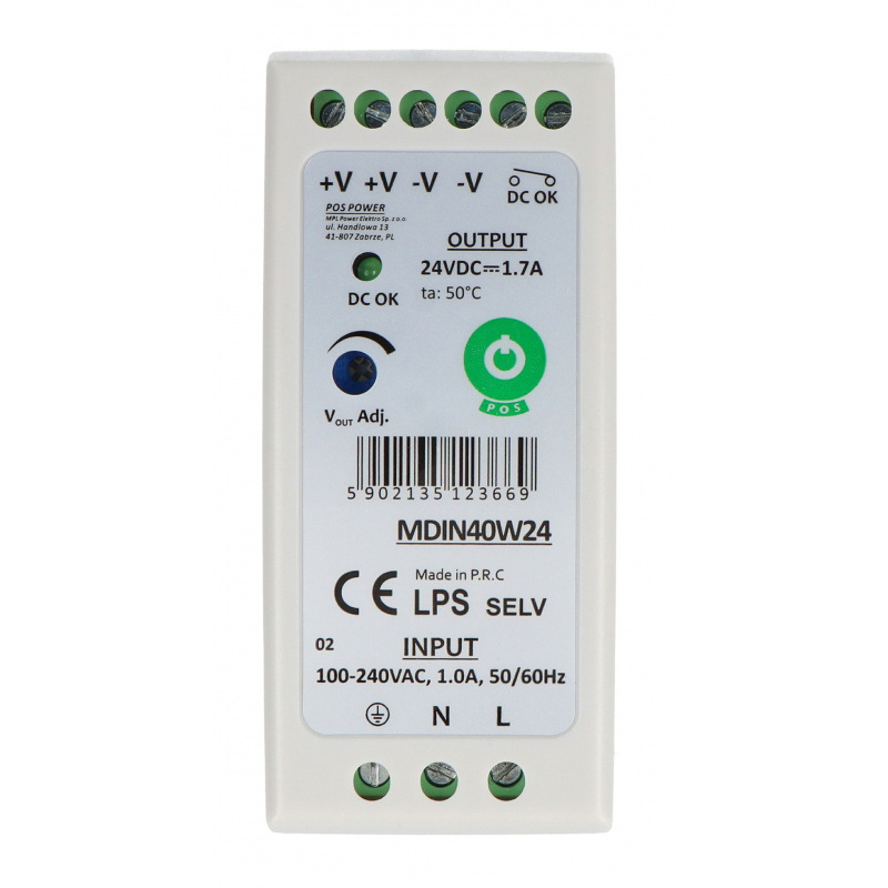 Zasilacz MDIN40W24 na szynę DIN - 24V / 1,7A / 40W