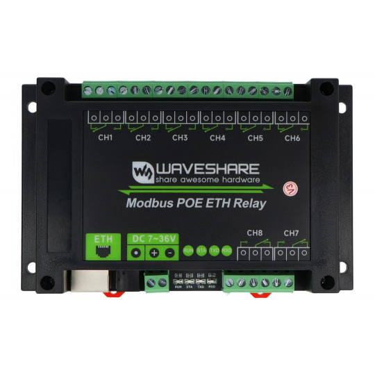 8-канальний релейний модуль з оптоізоляцією - контакти 10A/250VAC/30VDC - котушка 7V-36V - Modbus PoE - Waveshare 24964