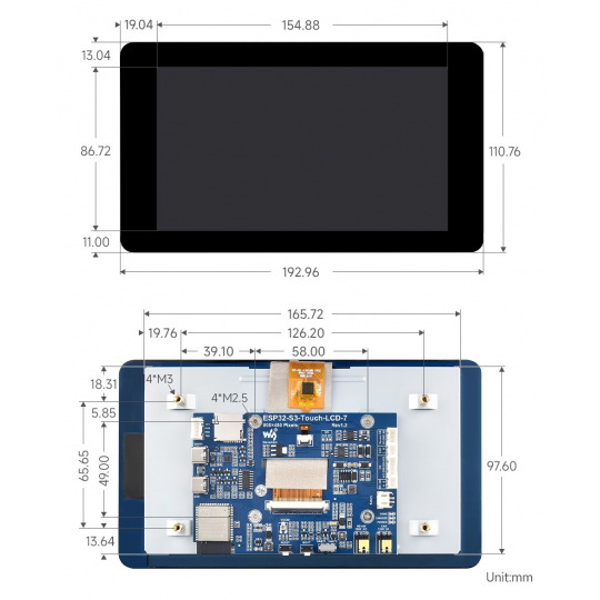 ESP32-S3 - Плата розробки WiFi + Bluetooth з сенсорним LCD IPS-екраном 7 дюймів 800x480 пікселів - Waveshare 27078