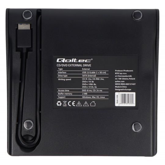 Внешний привод - DVD-RW USB 3.0 записывающее устройство для чтения и записи CD/DVD - Qoltec 51857