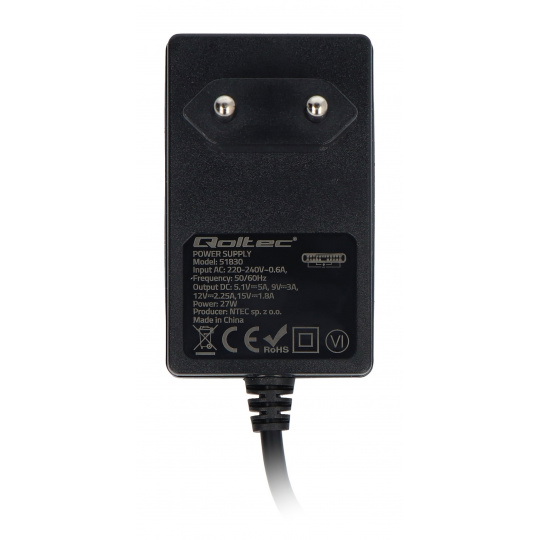 Блок питания Qoltec Super Quick PD - USB C 27 Вт 5,1 В/5 А для Raspberry Pi 5 - черный
