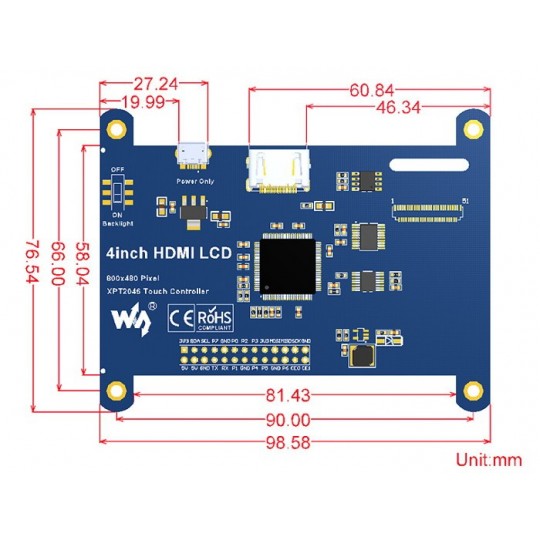 Резистивний РК-дисплеї IPS сенсорний екран 4 дюйми 800x480 пікселів HDMI + GPIO для Raspberry Pi - Waveshare 12030