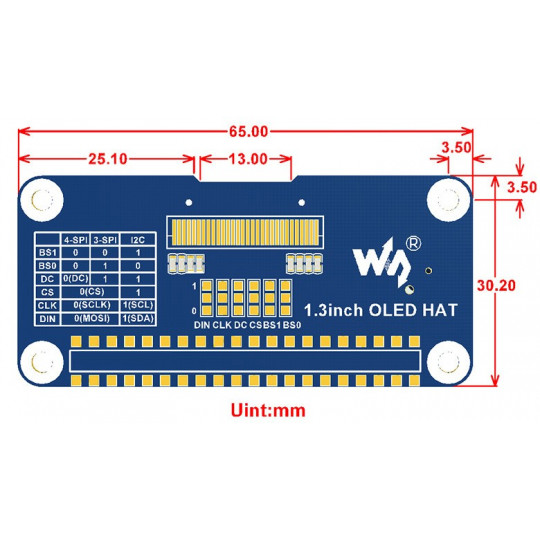 OLED 1.3'' 128x64px SPI I2C - дисплей-оверлей для Raspberry Pi 4/3+3/2/Zero - Waveshare 13890