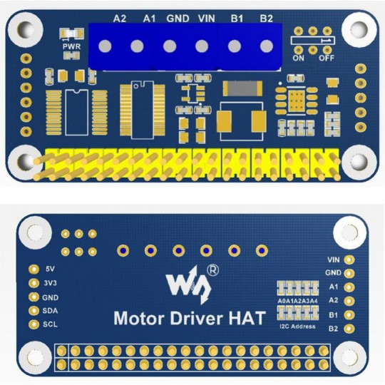 Двоканальний драйвер двигуна постійного струму, інтерфейс I2C - HAT для Raspberry Pi - Waveshare 15364