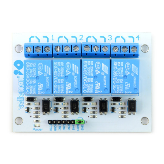 Релейний модуль Velleman, 4 канали - контакти 10A/250VAC - котушка 5V