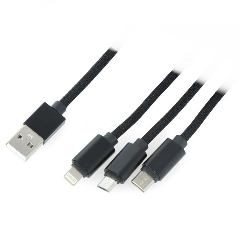 Przewód Lanberg Combo  3w1 USB typ A - microUSB + lightning + USB typ C 2.0 czarny, oplot materiałowy - 1,8m
