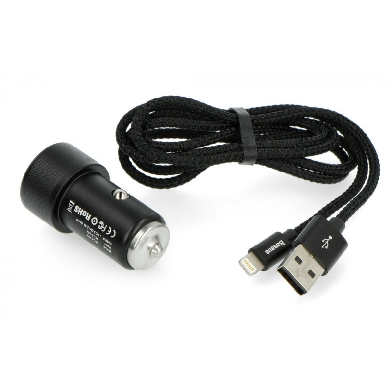Ładowarka samochodowa z gniazdem 2 x USB 3,4 A Baseus TZXLD-A01 + przewód USB A - Lightning - czarna