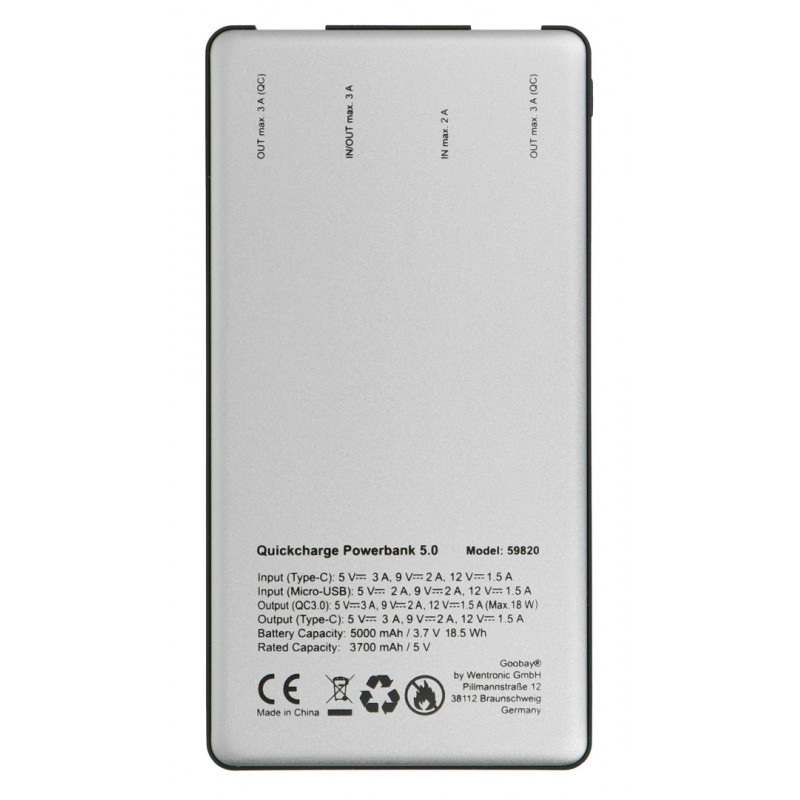 Mobilna bateria PowerBank Goobay 5.0 59820 Quick Charge 3.0 5000mAh - szaro - czarna