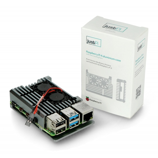 Корпус justPi для Raspberry Pi 4B — алюминиевый, с двумя вентиляторами — серый.