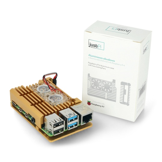Корпус justPi для Raspberry Pi 4B - алюмінієвий з двома вентиляторами - золотий