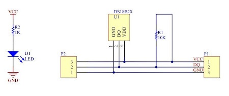 Schemat modułu z czujnikiem temperatury DS18B20+. 