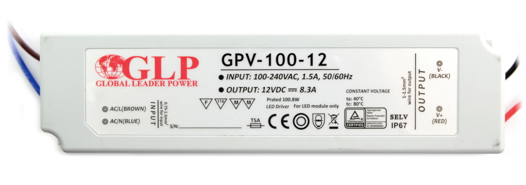 Wodoodporny zasilacz do taśm i pasków LED GPV-100-12 - 12V / 8,3A / 100W - szczegółowe informacje