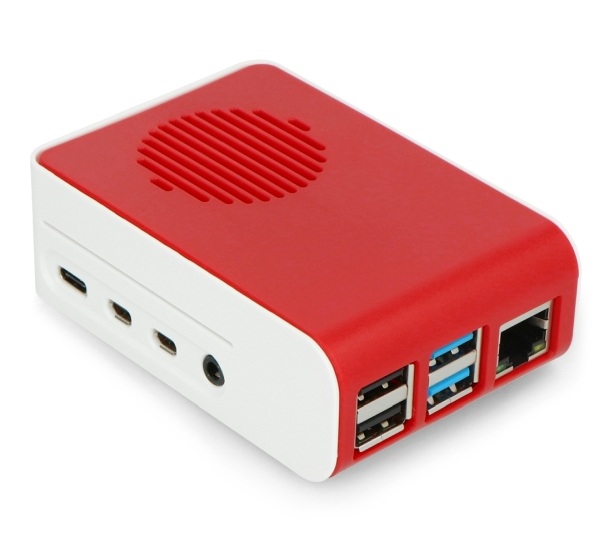 Obudowa do Raspberry Pi 4B z wentylatorem niebieskie podświetlenie LED - ABS - biało czerwona - LT-4A11