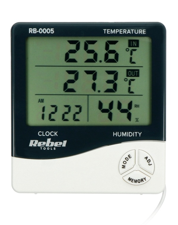 Stacja pogodowa pokazująca godzinę, temperaturę wewnątrz i na zewnątrz oraz wilgotność wewnątrz.