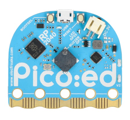 Pico:ed V2 posiada faliste złącze krawędziowe pozwalające na łączenie urządzeń peryferyjnych za pomocą np. złącz krokodylkowych.