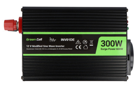 Przetwornica DC/AC step-up Green Cell 12VDC/230VAC 300W/600W - z modyfikowana sinusoidą - samochodowa