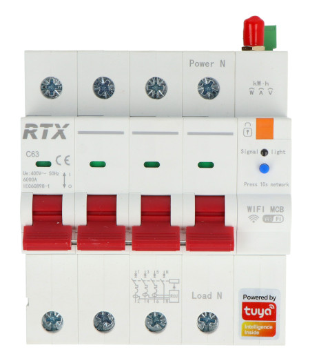 Tuya - 3-fazowy bezpiecznik WiFi z miernikiem energii - 4 P 16 A - RTX WCB16-4P