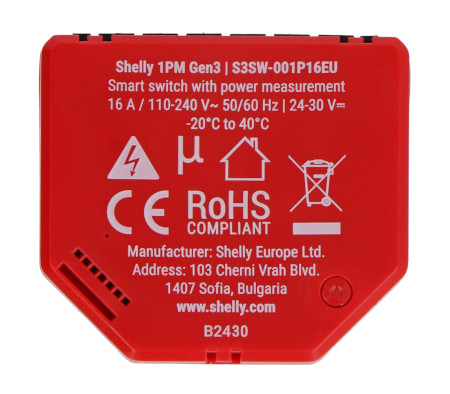 Shelly 1PM Gen3 - 1x przekaźnik AC 110 - 240 V, DC 24 - 30 V, WiFi 16 A - pomiar energii - aplikacja Android / iOS