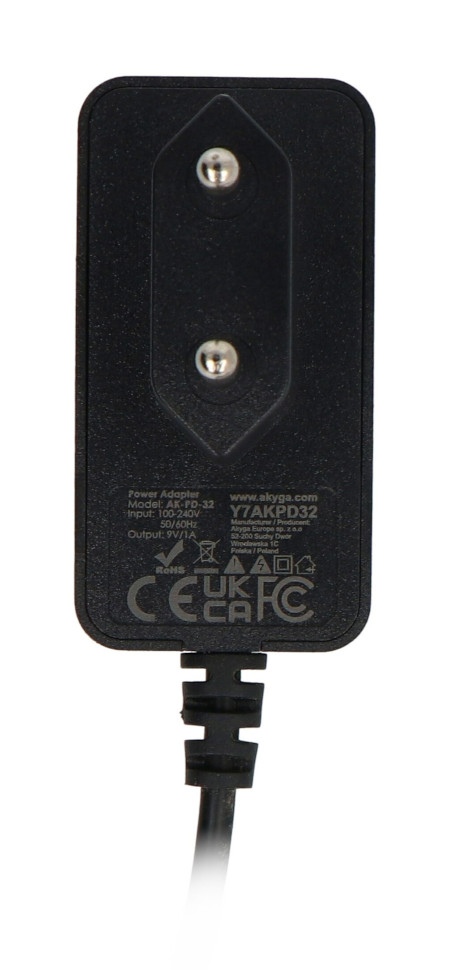 Zasilacz impulsowy Akyga AK-PD-32 9 V / 1 A do keyboardów Casio - wtyk DC 5,5 / 1,4 mm