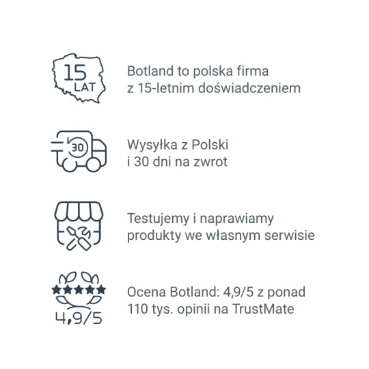 Botland: polska firma z 15-letnim doświadczeniem, wysyłka z Polski i 30 dni na zwrot, własny serwis, ocena 4,9/5 z ponad 110 tys. opinii na TrustMate