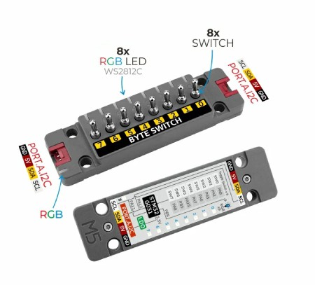 ByteSwitch - 8 przełączników + 9 diod WS2812C RGB - STM32G031 - moduł rozszerzeń Unit - M5Stack U191