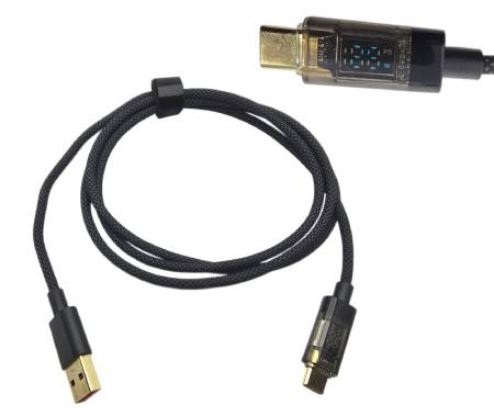 Przewód USB A - USB C z watomierzem - czarny w oplocie - 2 m