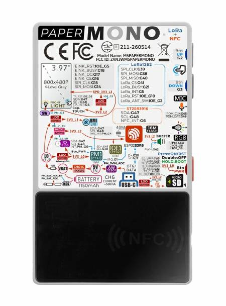 PaperMono - moduł deweloperski ESP32-S3 z ekranem e-paper 3,97'', LoRa i NFC - M5Stack C153